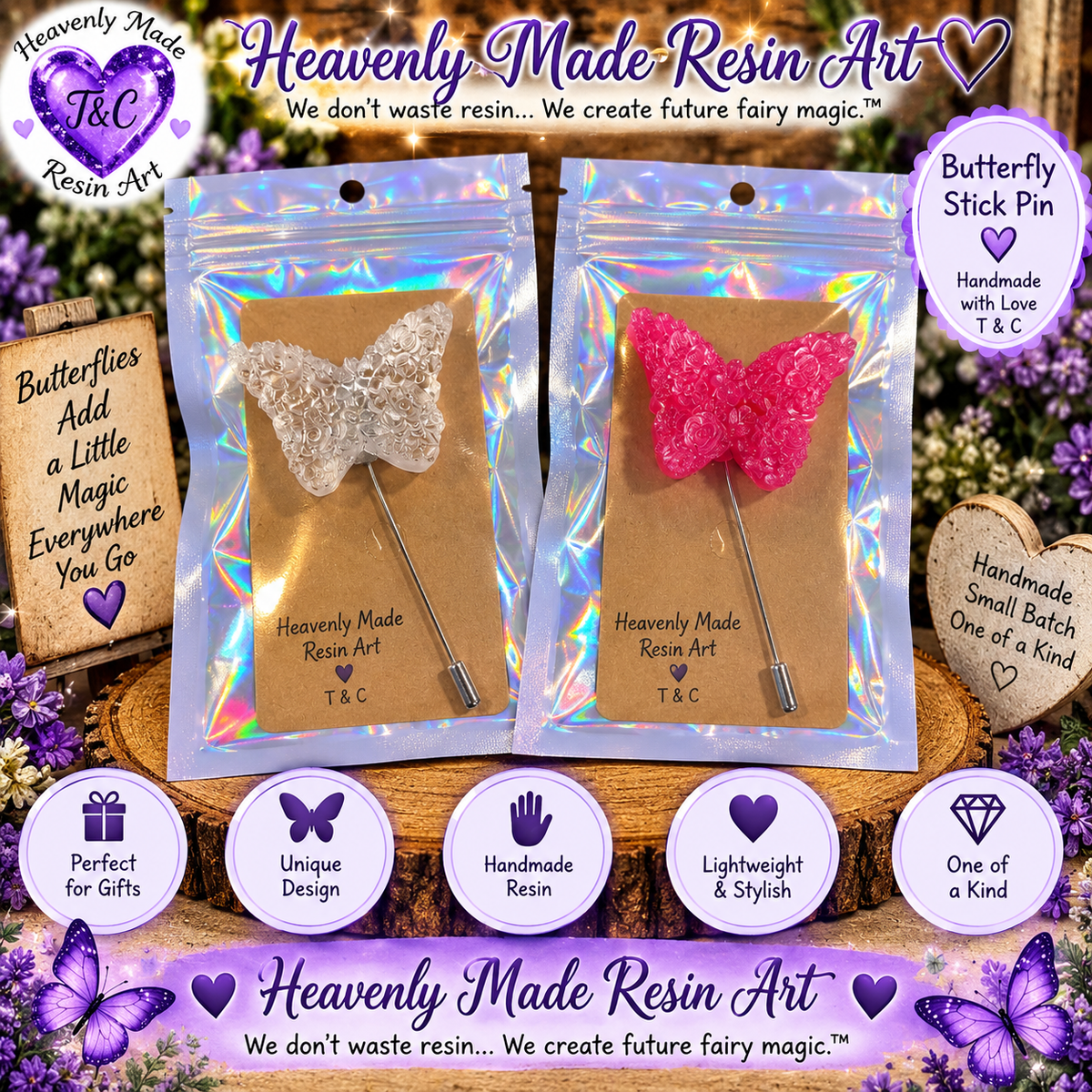 🦋 Handmade Floral Butterfly Resin Brooch