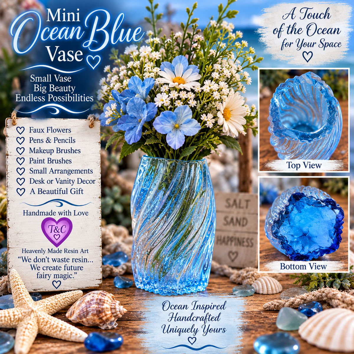 🌊 Mini Ocean Blue Resin Vase